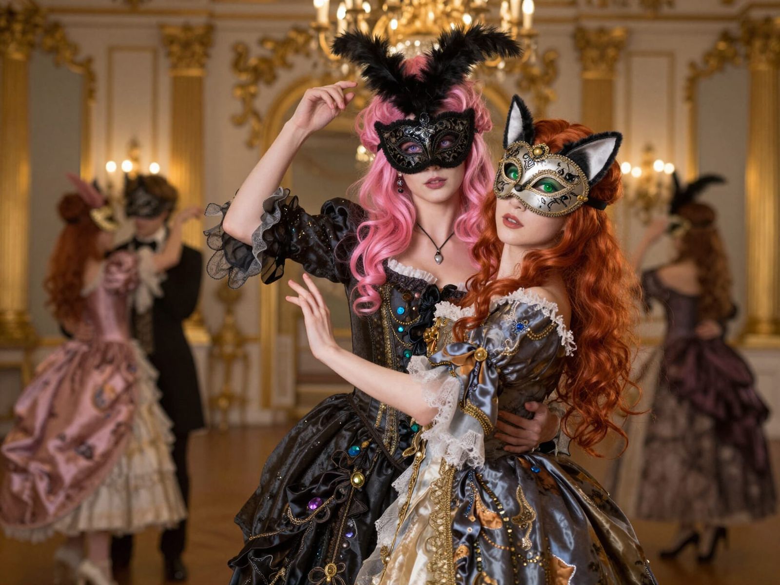 Gothic and Rococo Women Dance at Masquerade Ball
