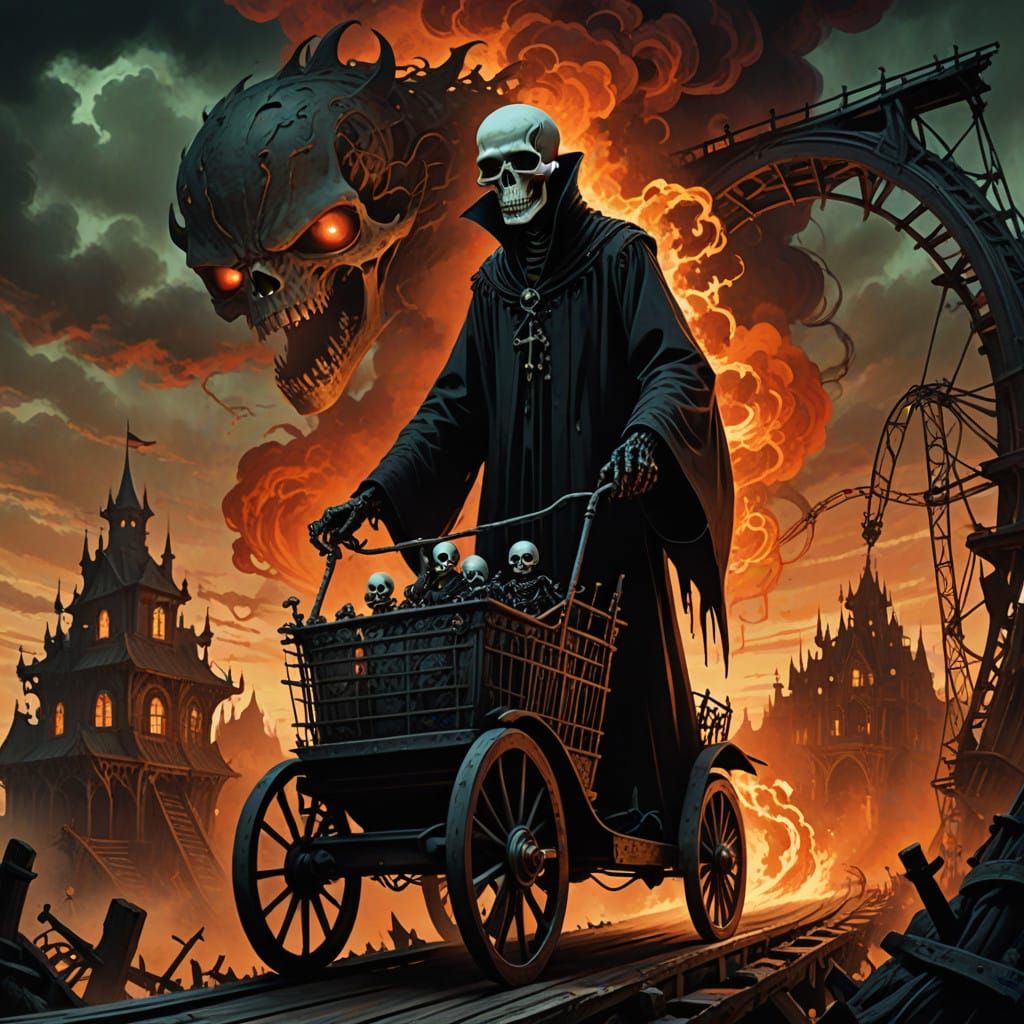 Dark Cartoon Skeleton Rides Rollercoaster in Hellish Underwo...