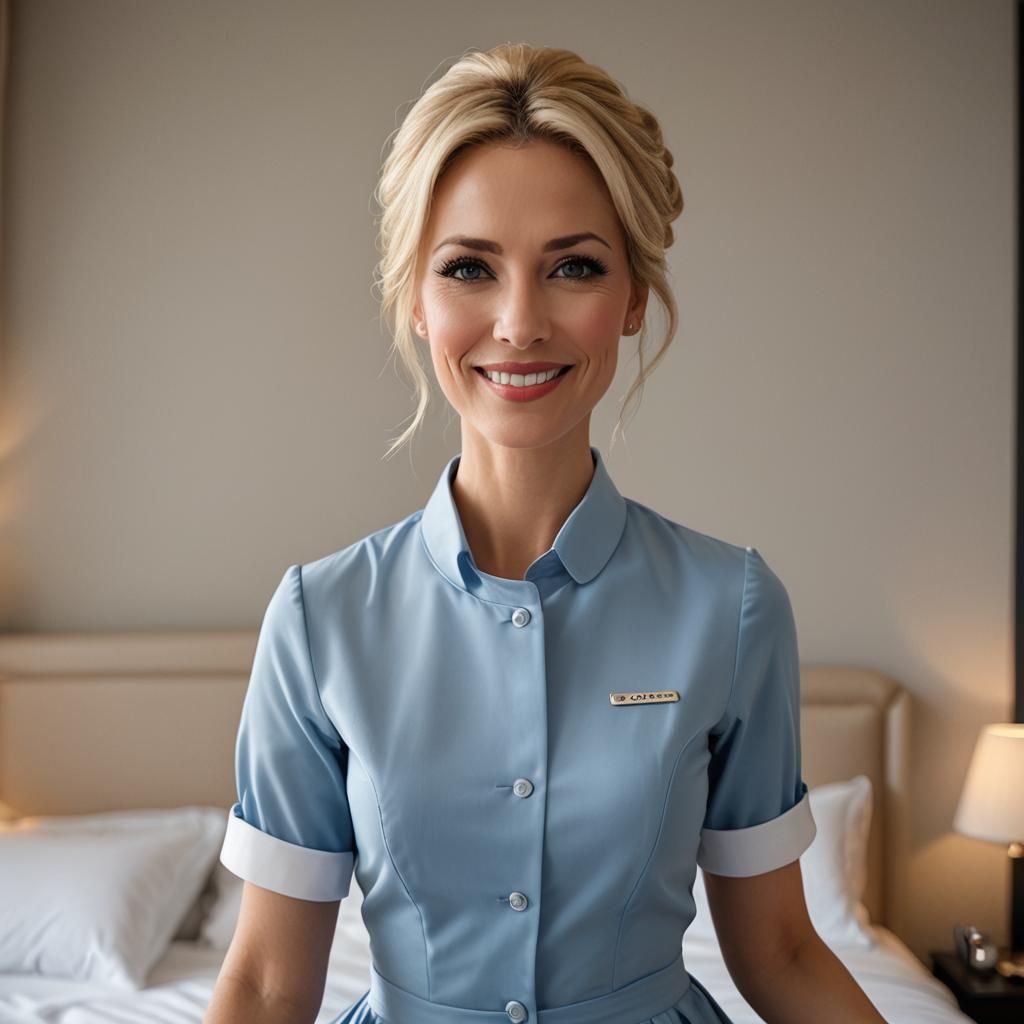 Petite Blonde Maid with Naughty Smile in Hotel
