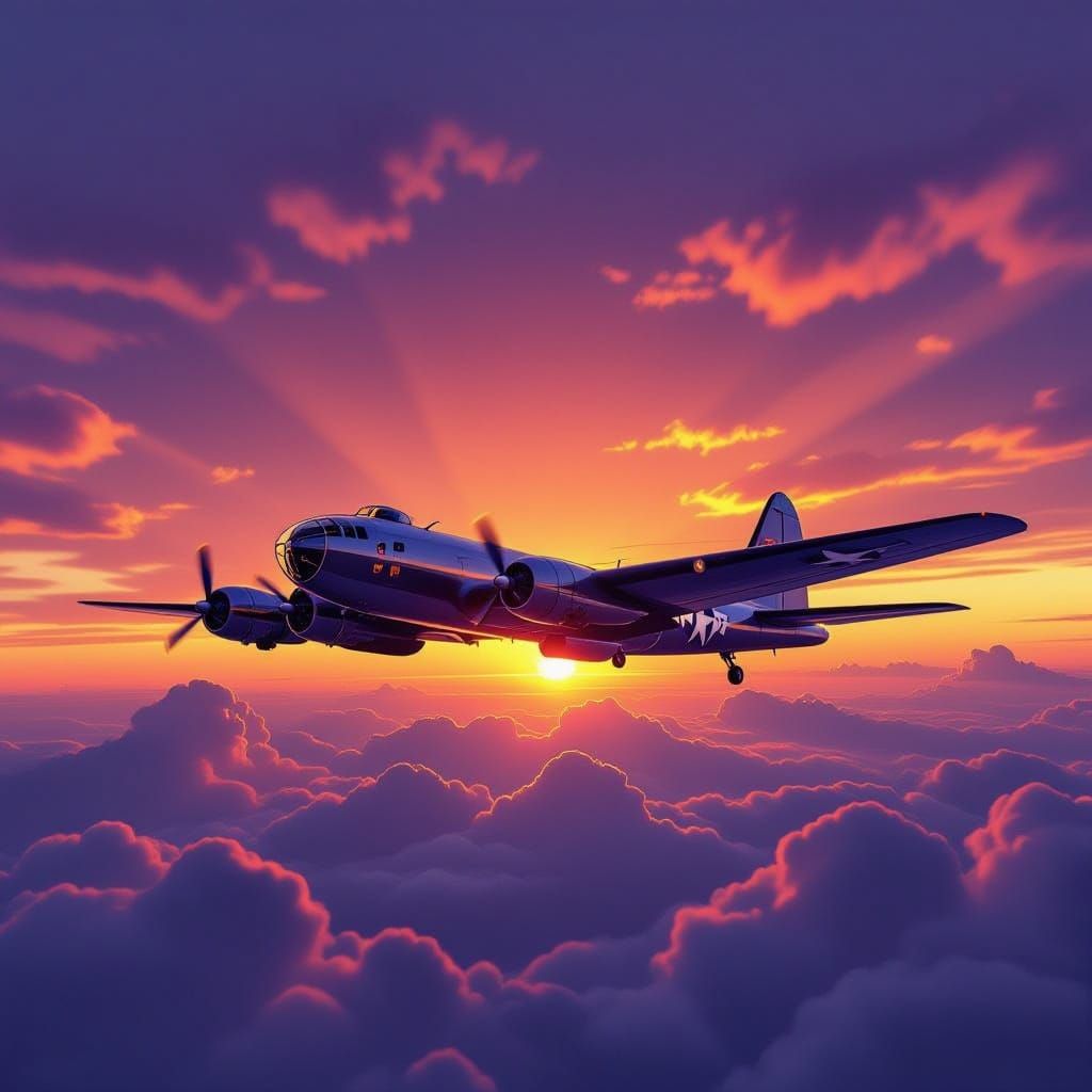 B-29 Superfortress Soars Through Fiery Sunset Sky