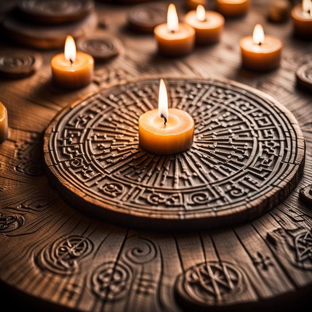 Mystical Runes Carved into Weathered Wooden Tabletop