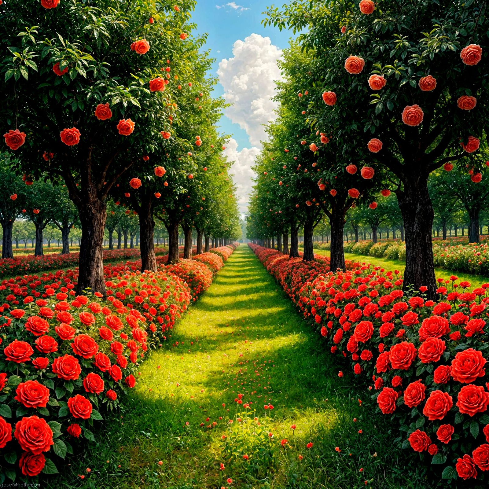 Surreal Paradise with Roses and Peach Trees