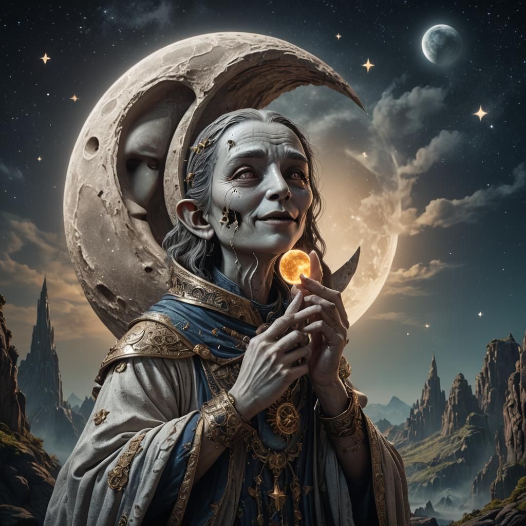 Anthropomorphic moon, holding hand to one side of mouth and whispering a secret to a star