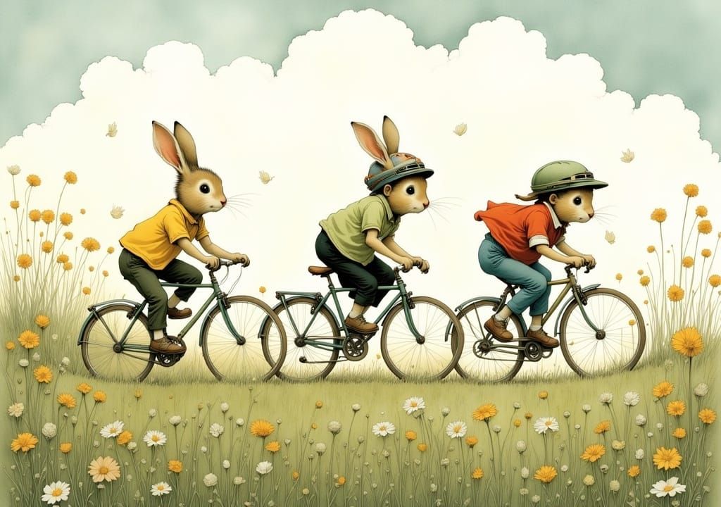 Bunnies Pedal Joyful Bicycle Race in Lush Meadow