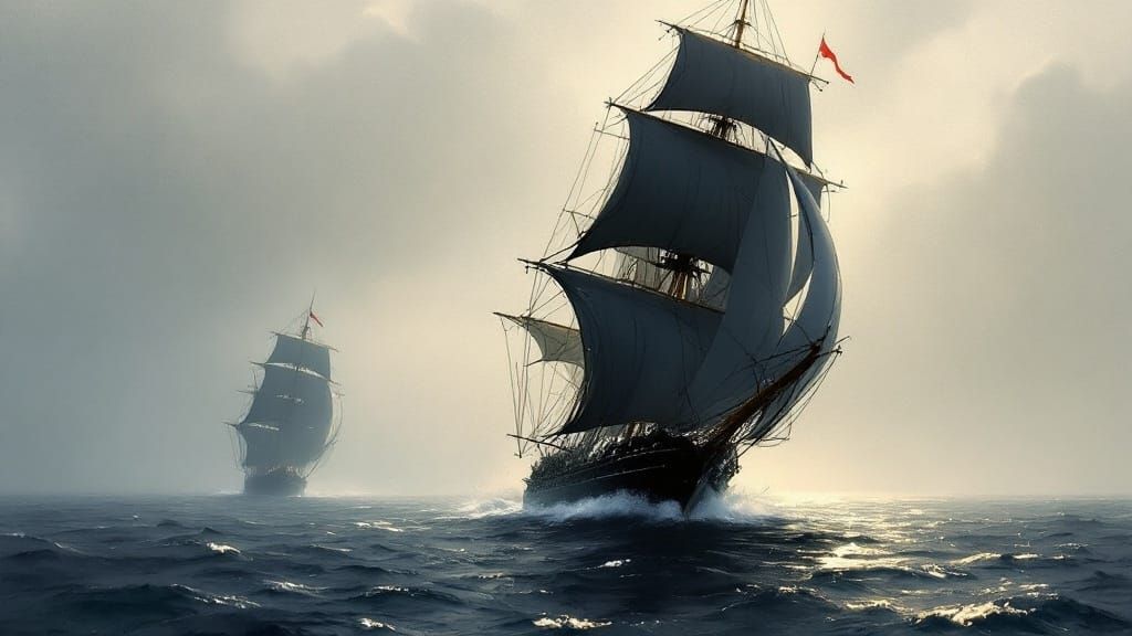 Moody Nautical Scene: Sailing Ship in Watercolor Style