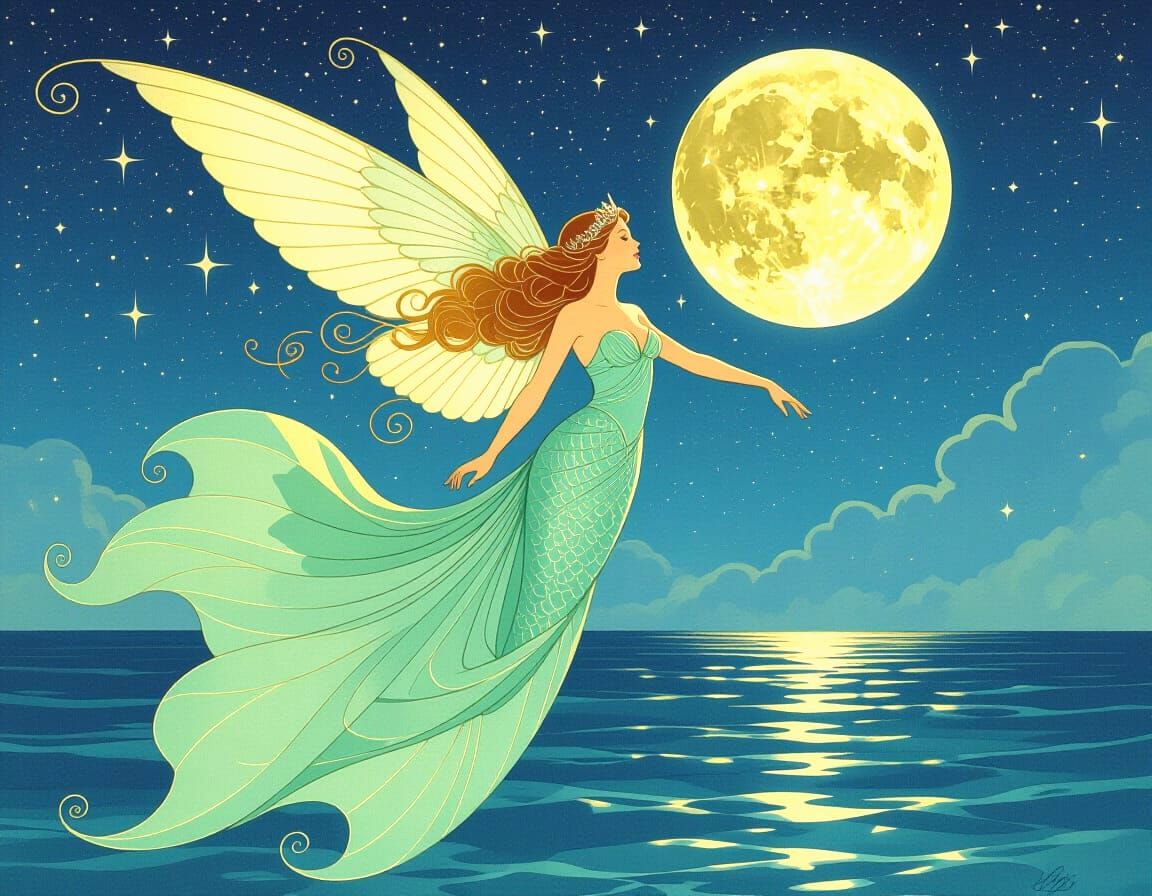 Mermaid Soaring Through Starry Night Sky