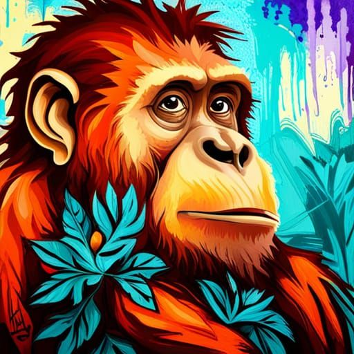 Orangutan in Graffiti Art with Colorful Leaves