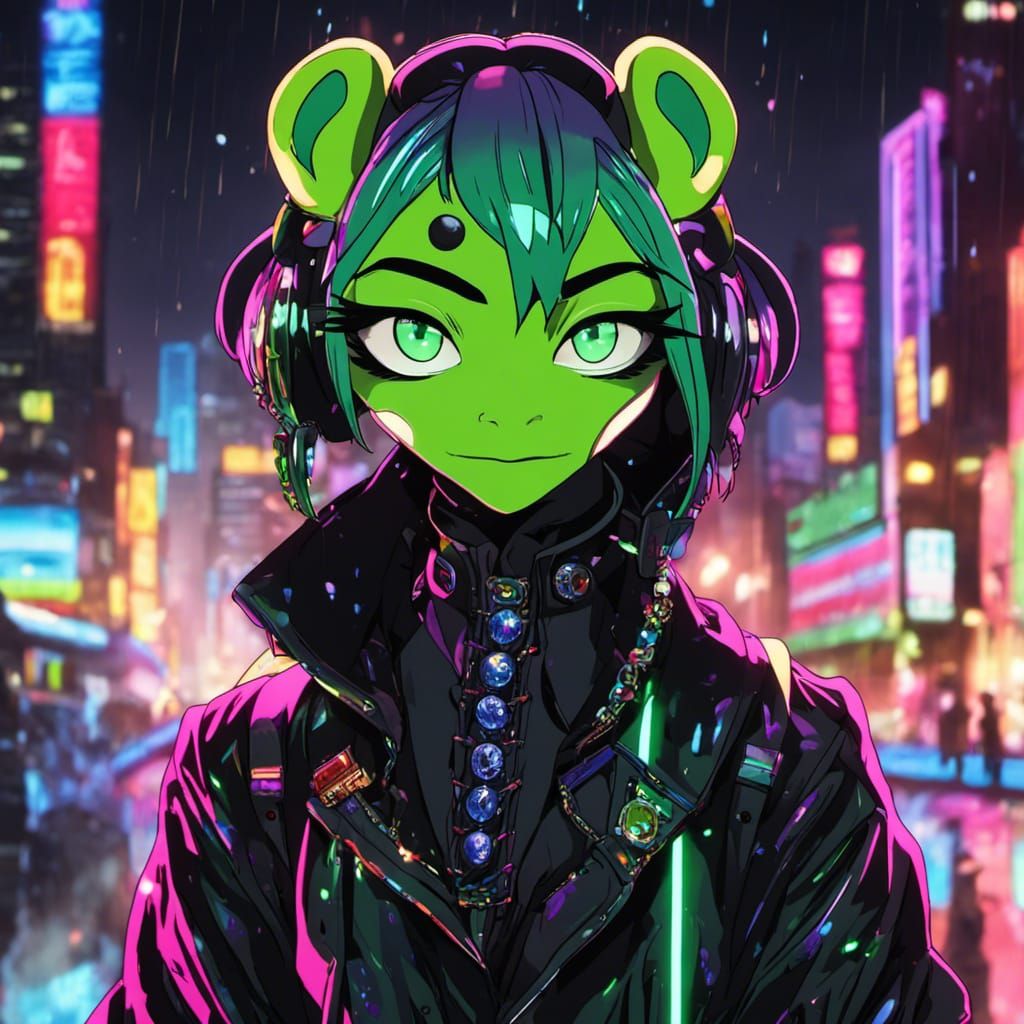 Anime Raver Goth Kermit Portrait in Neon City