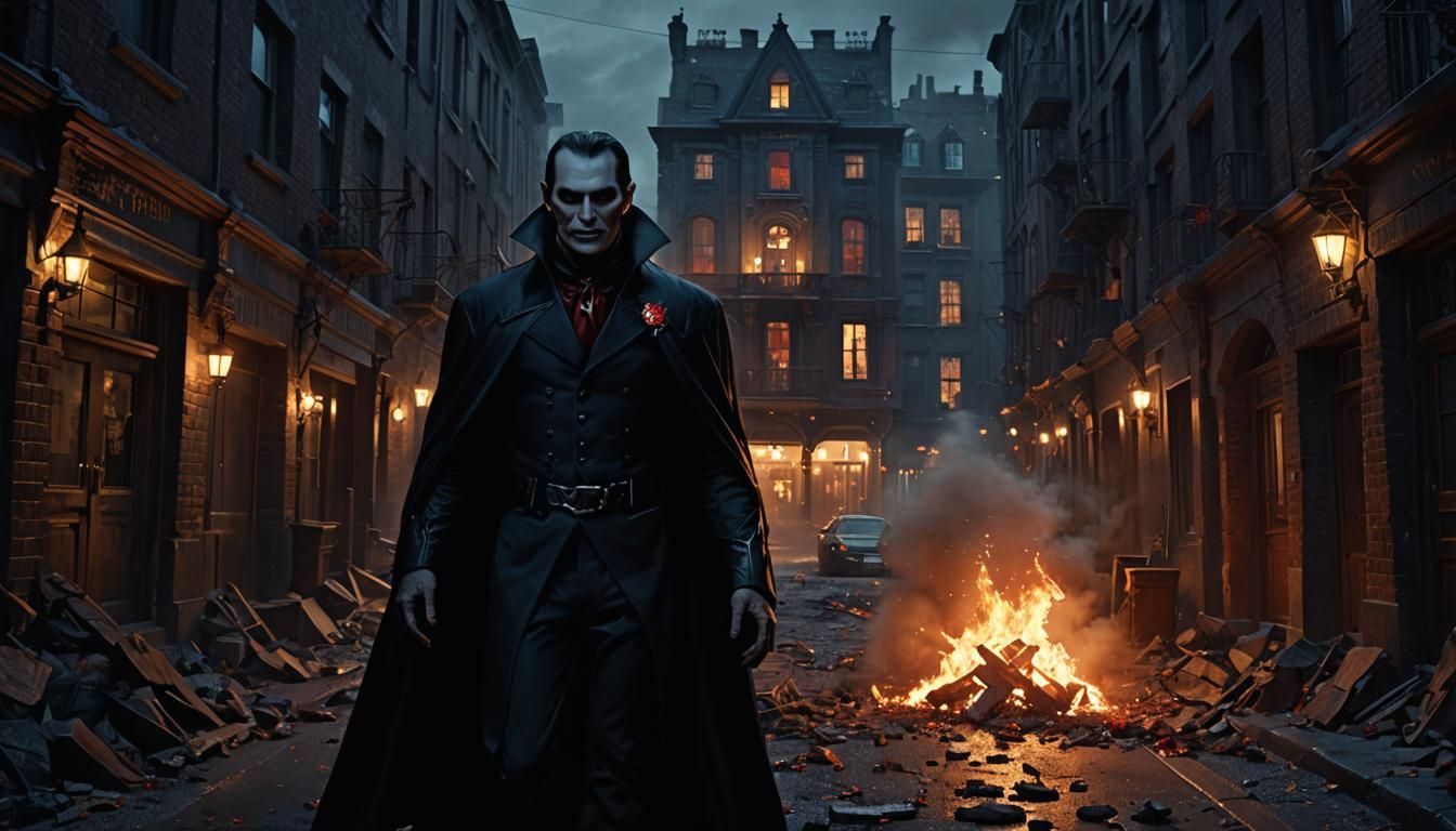 Vampire's Macabre Demise in a Dark Cityscape