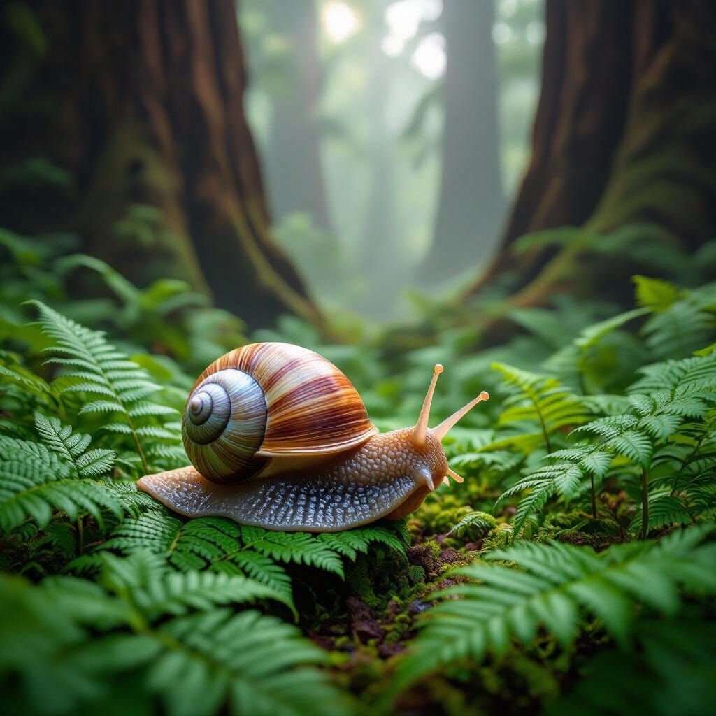 Glistening Snail Peeking Through Ferns in Misty Redwood Fore...