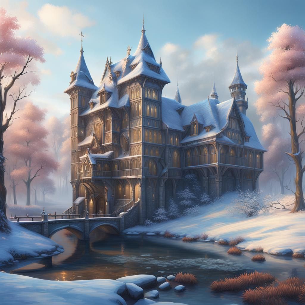 Winter Medieval Palace in Soft Pastel Oil Painting