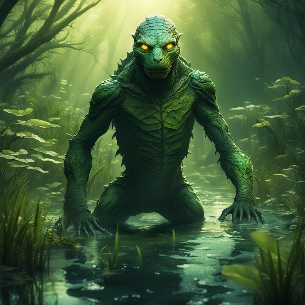 Reptile Humanoid Emerges from Swamp in 3D Art