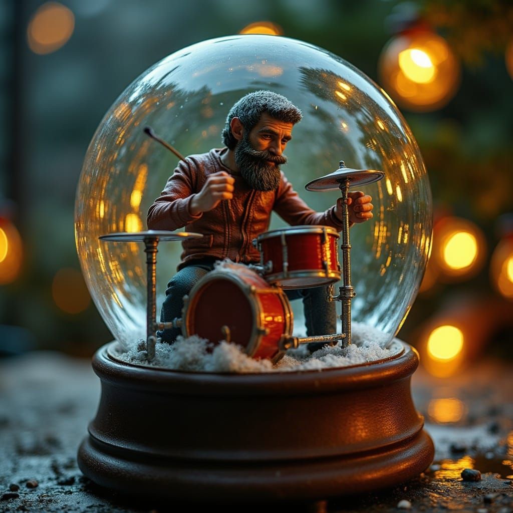 Whimsical Drummer Inside a Snow Globe Scene