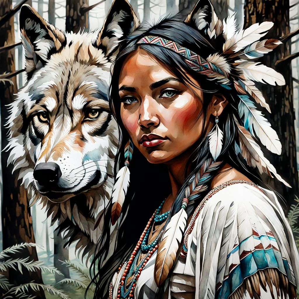 Native American Girl Portrait in Watercolor and Ink