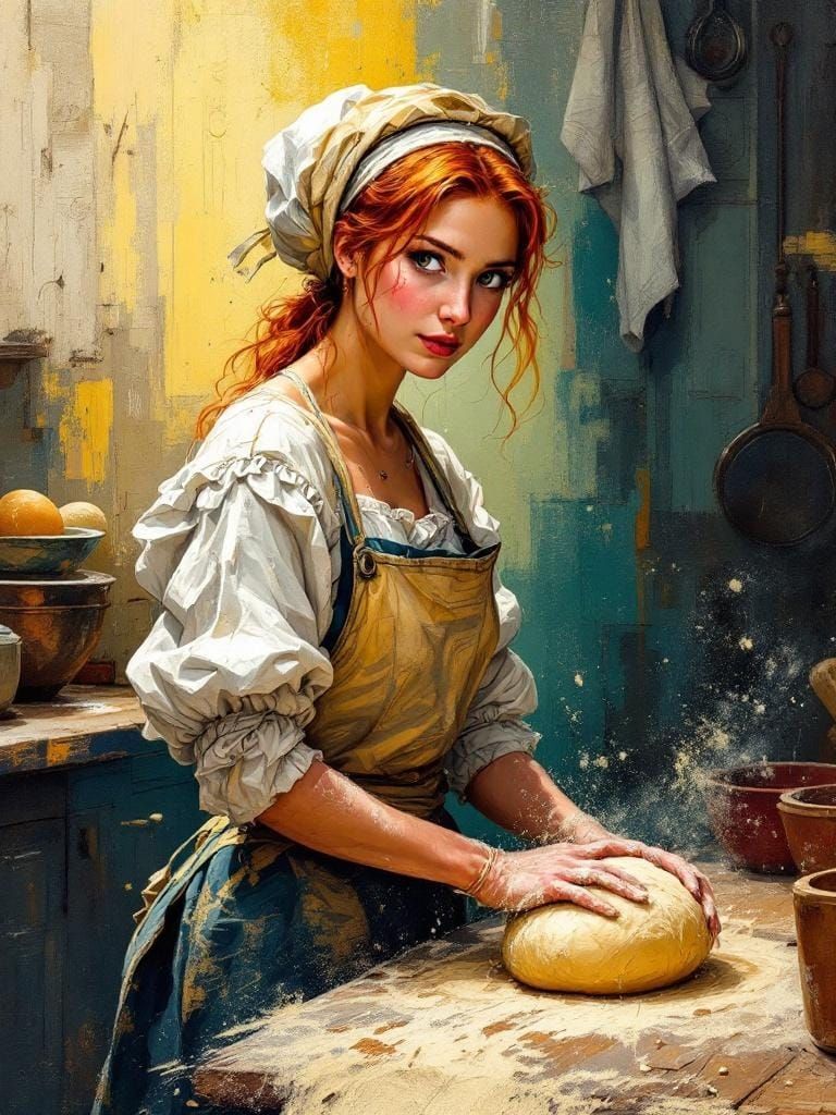Redhead Baker Kneading Dough as Impasto Painting
