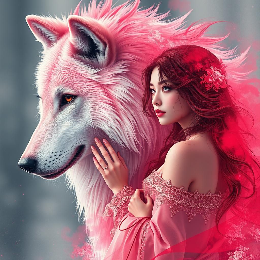 Woman with Pink Wolf in Ethereal Anime Art