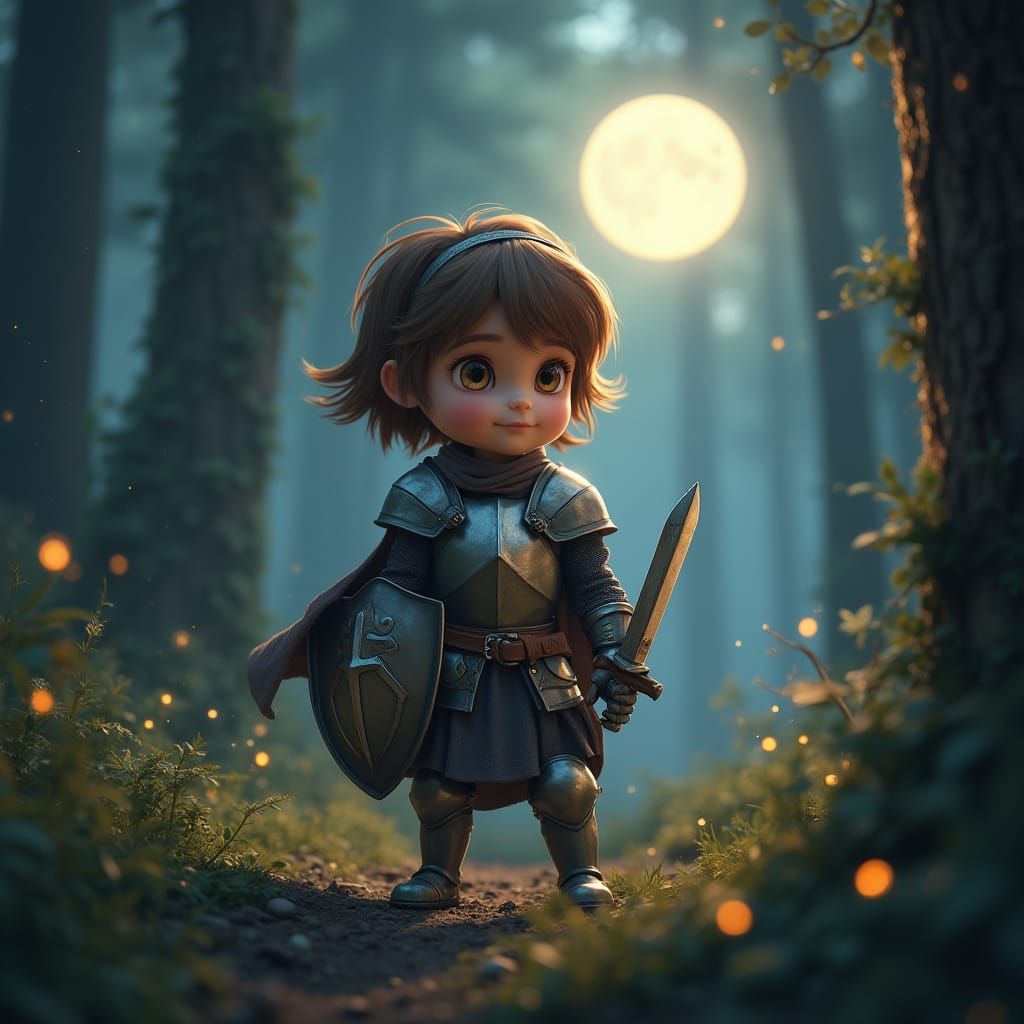 Fearless Young Knightess in Moonlit Forest