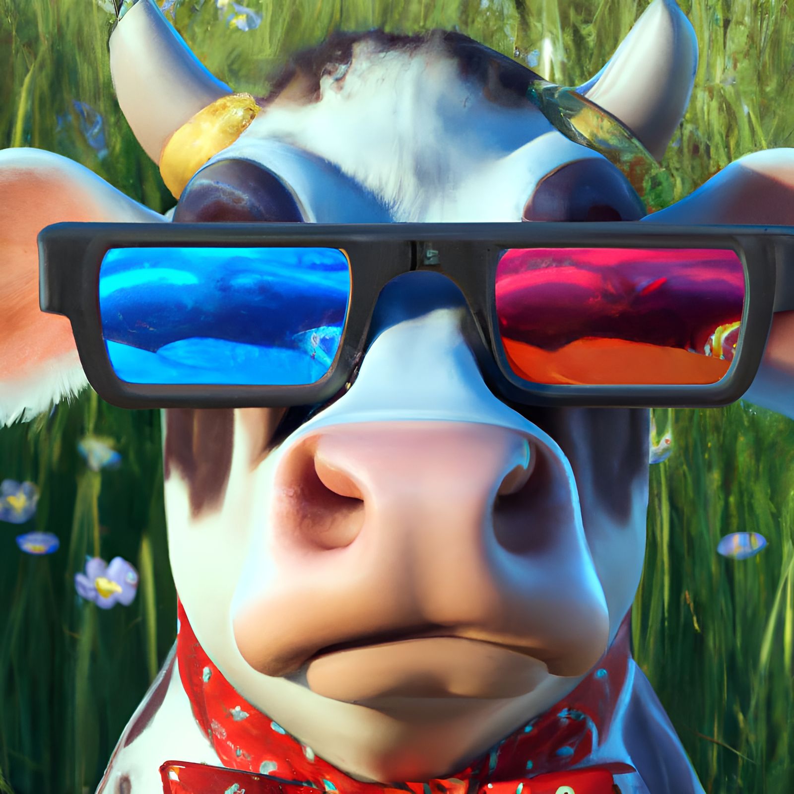 Cow in 3D Glasses, Pixar-style Digital Art