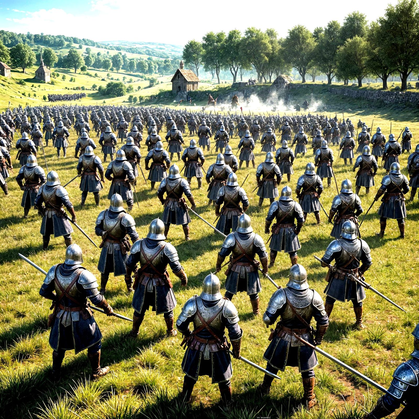 Medieval Armies Clash in a Sunlit Open Field