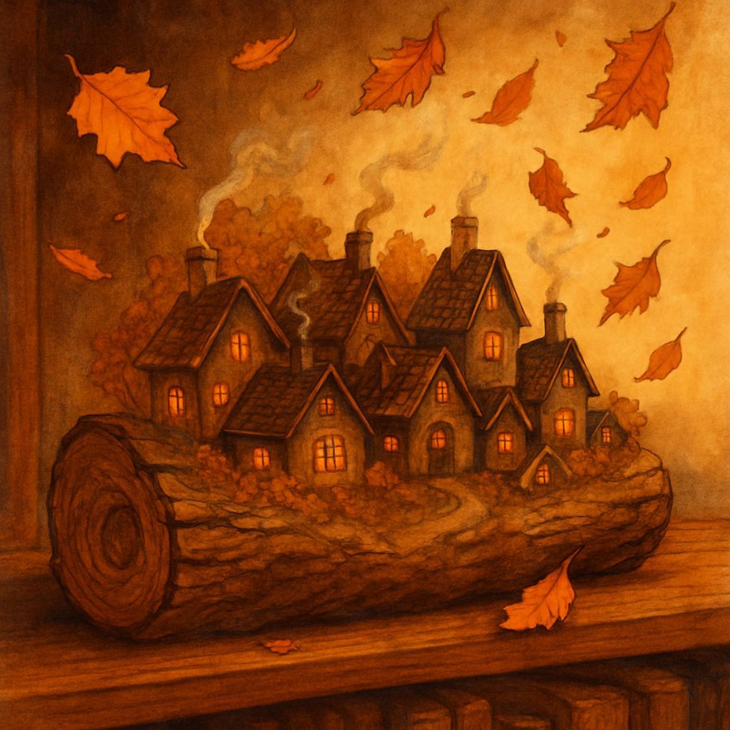 Cozy Autumn Village in Carved Log, Storybook Style