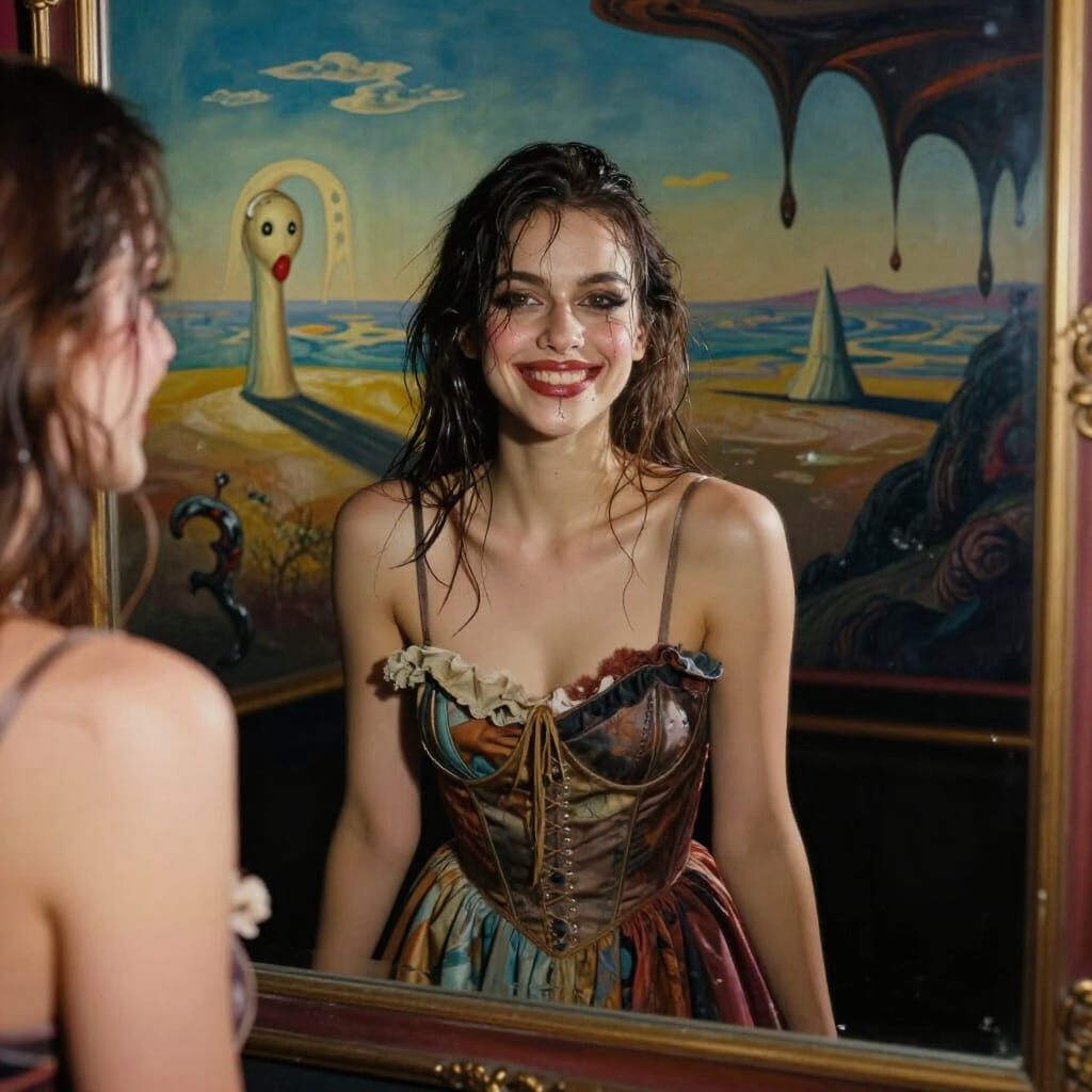 Unnerving Smile in Surreal Club: Dali-Inspired Oil Painting