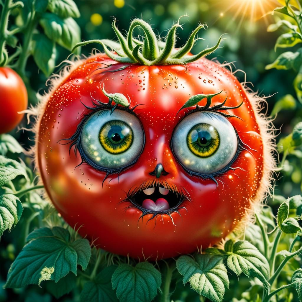 Cute Tomato Ball with Sparkling Eyes in Garden