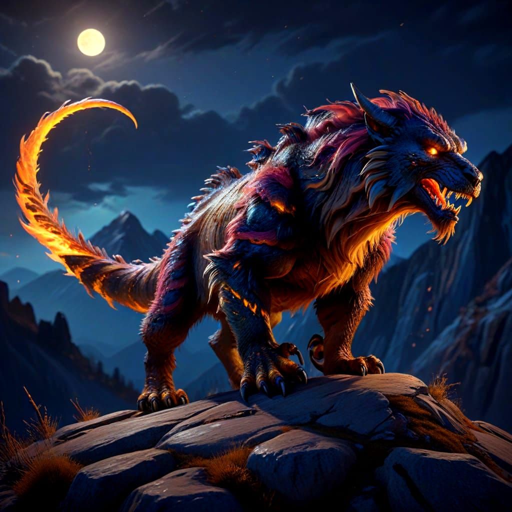 Fluffy Monster Prowls Mountain Ridge at Night