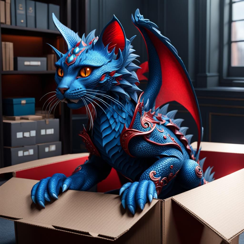 Blue Cat Dragon Playing in a Cardboard Box