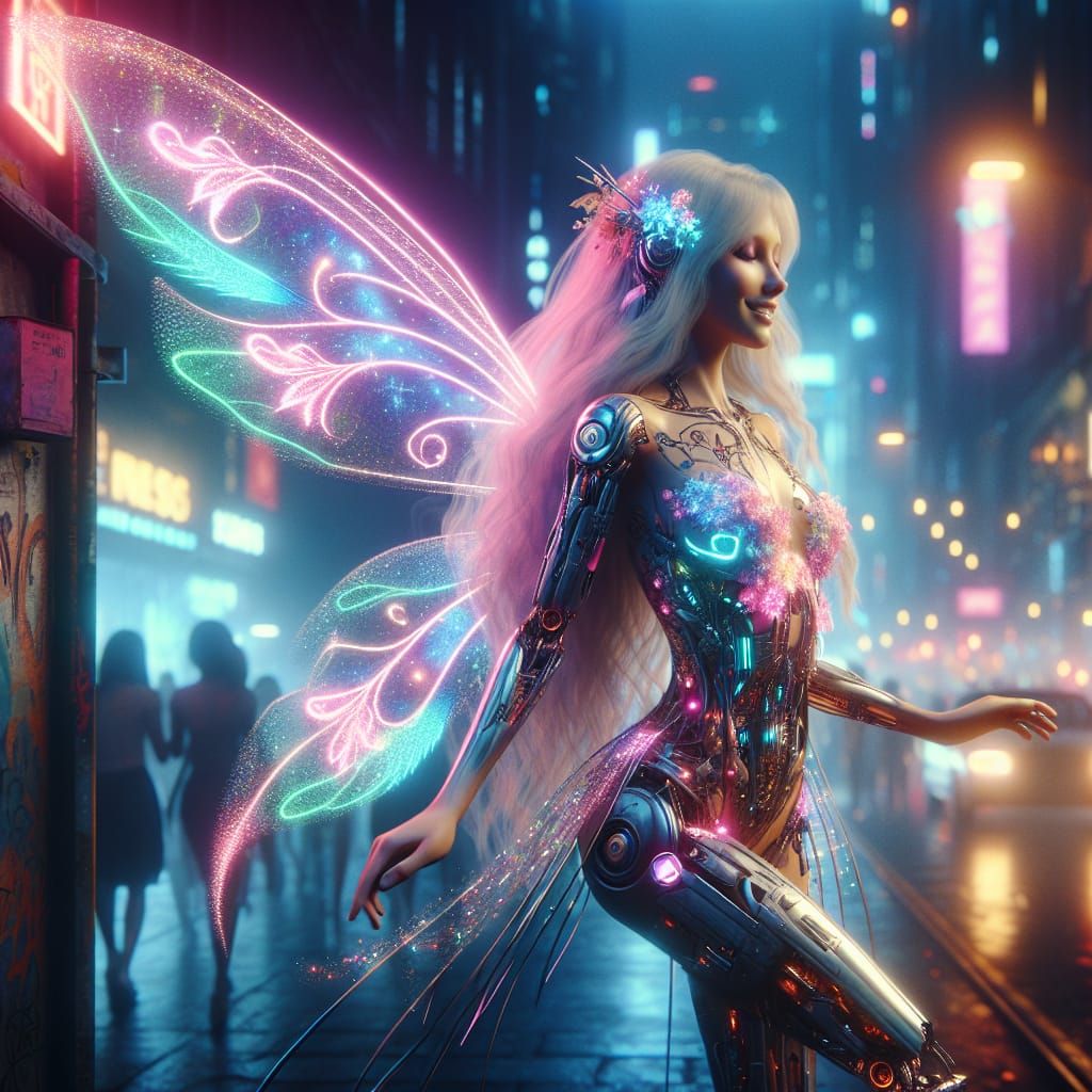 Cyberpunk Fairy Dances on Neon Street