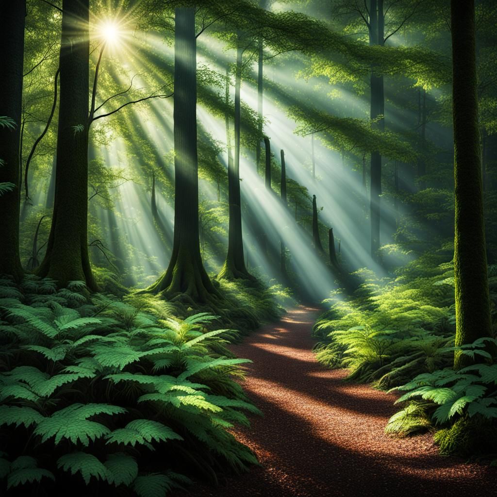 Sunlit Rays Through Dark Forest: Hyperrealistic Image