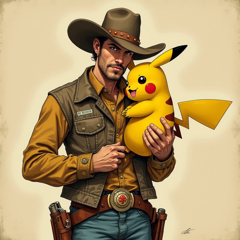 Arthur Morgan with Infected Pikachu in Vintage Style