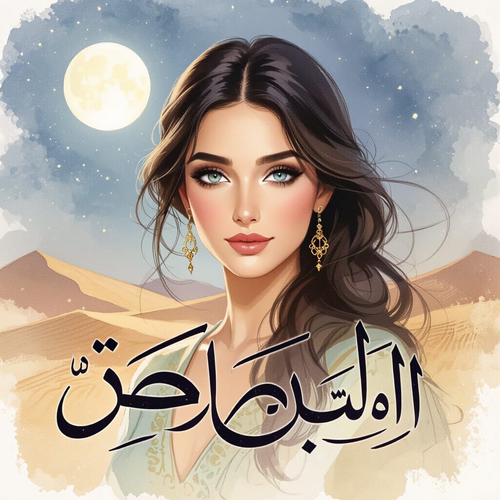 Elegant Arabic Calligraphy Woman in Moonlit Desert