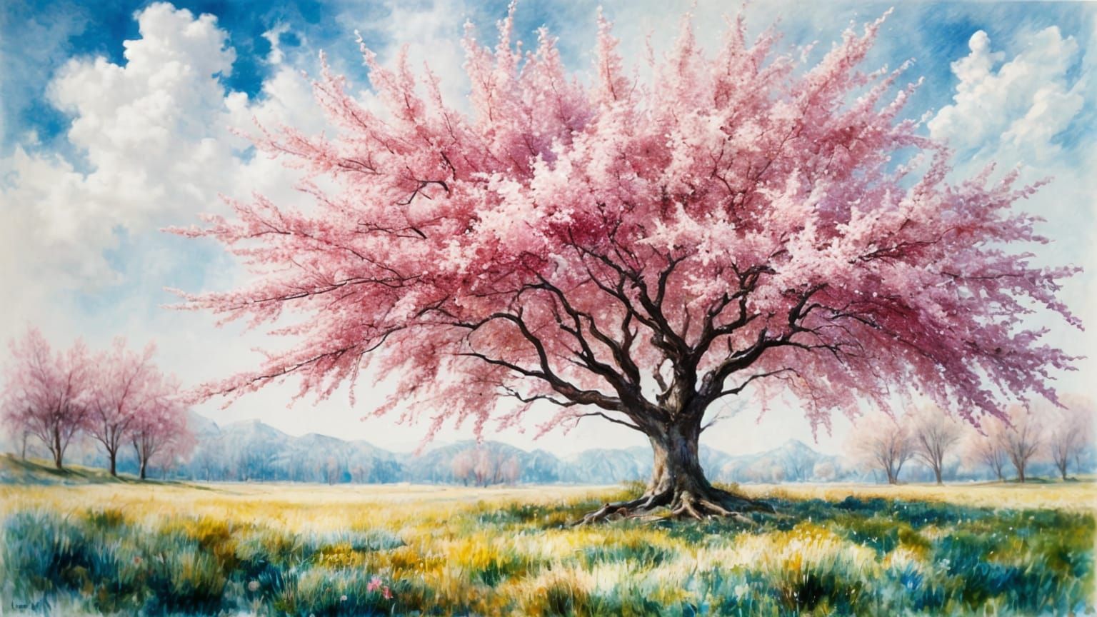 Serene Wild Cherry Blossoms in Impressionist Style