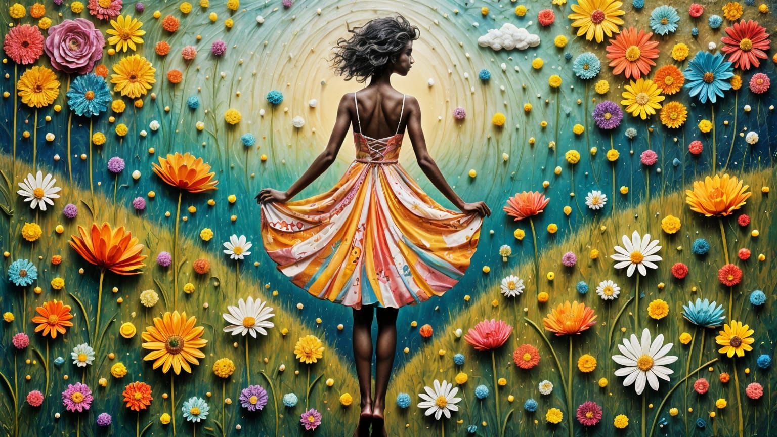 Whimsical Woman in Lush Garden, à la Gustav Klimt