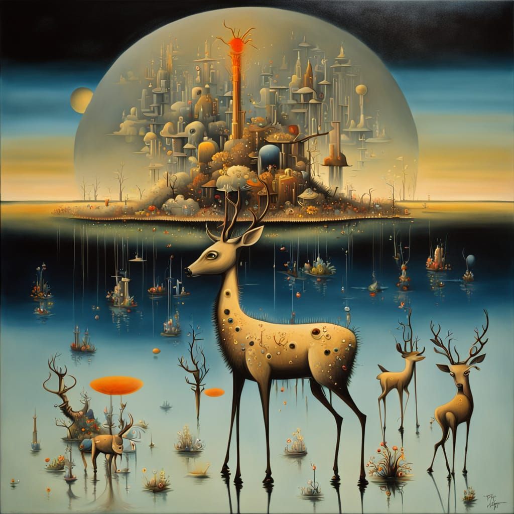 Mystical Deer in Surreal Dreamscape, Oil Painting