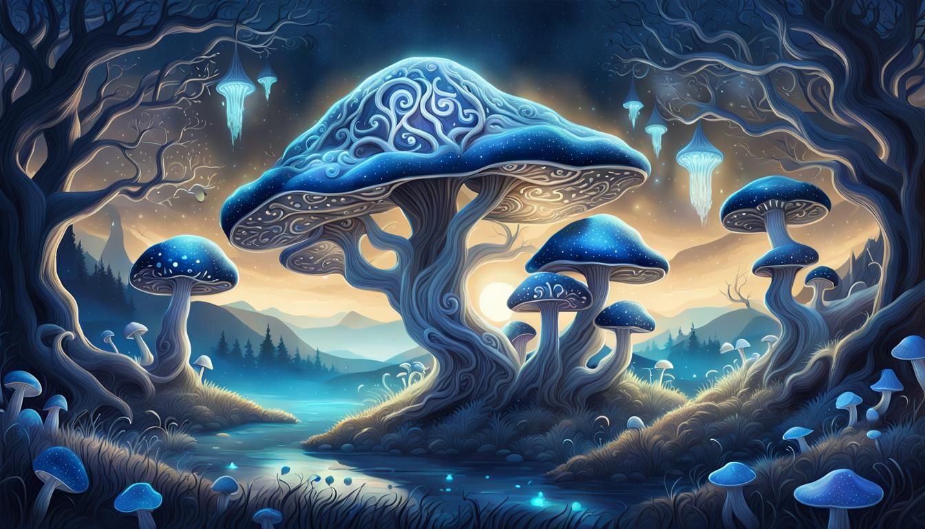 Fantasy Landscape with Glowing Mushrooms, Salvador Dali Styl...