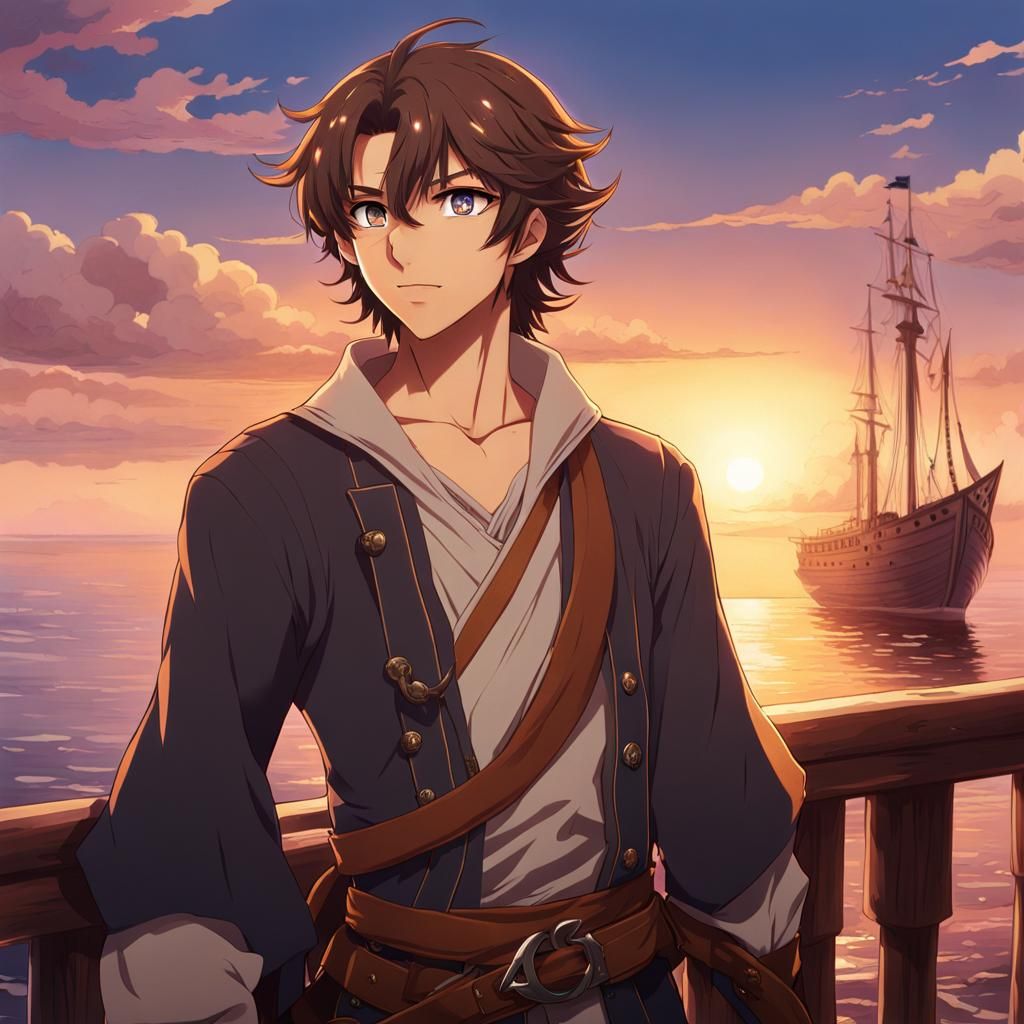 Half-Elf Mariner at Sunset: Anime-Style Illustration