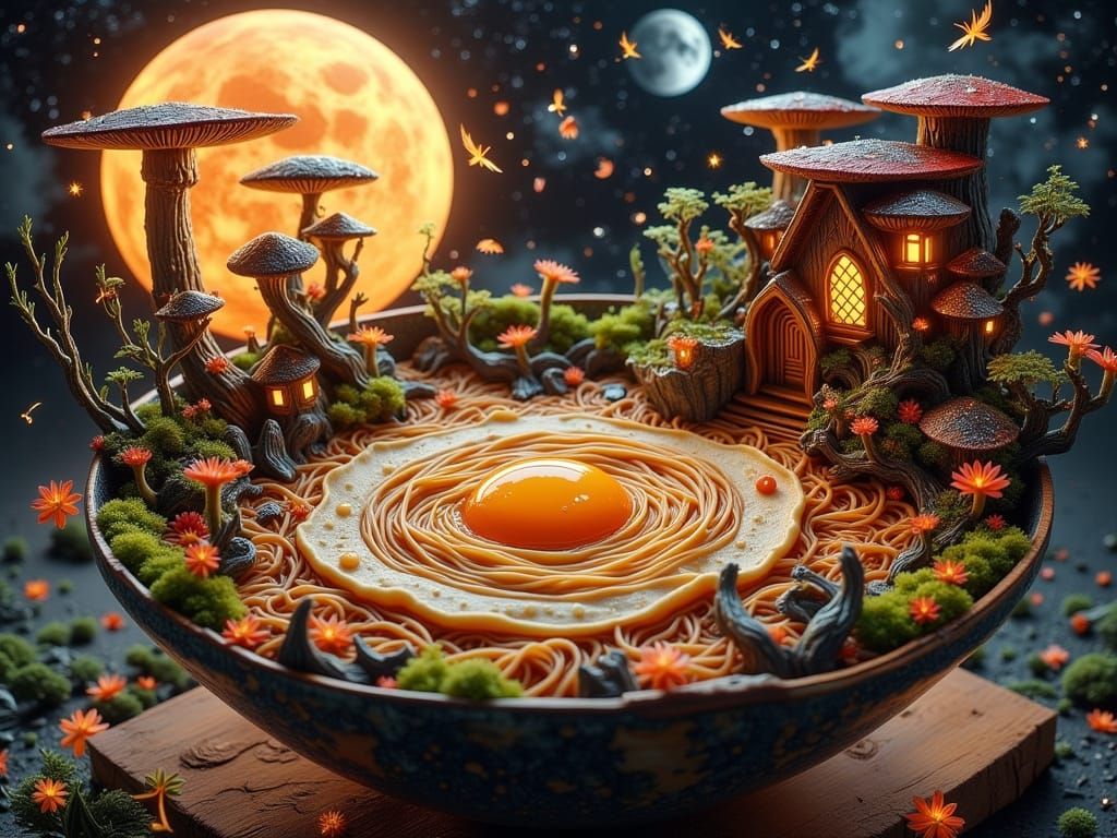 Fairy Kingdom Sleeps in Ramen Bowl Under Giant Moon