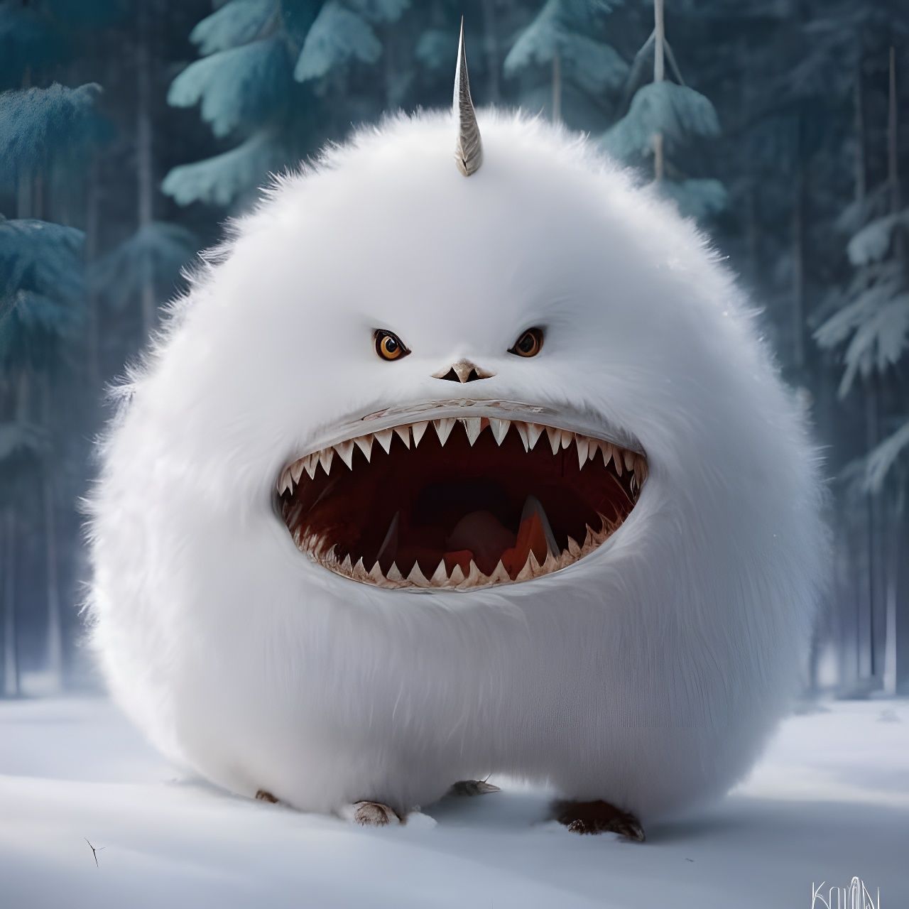 Hyperdetailed Fluffy Monster in Snowy Forest