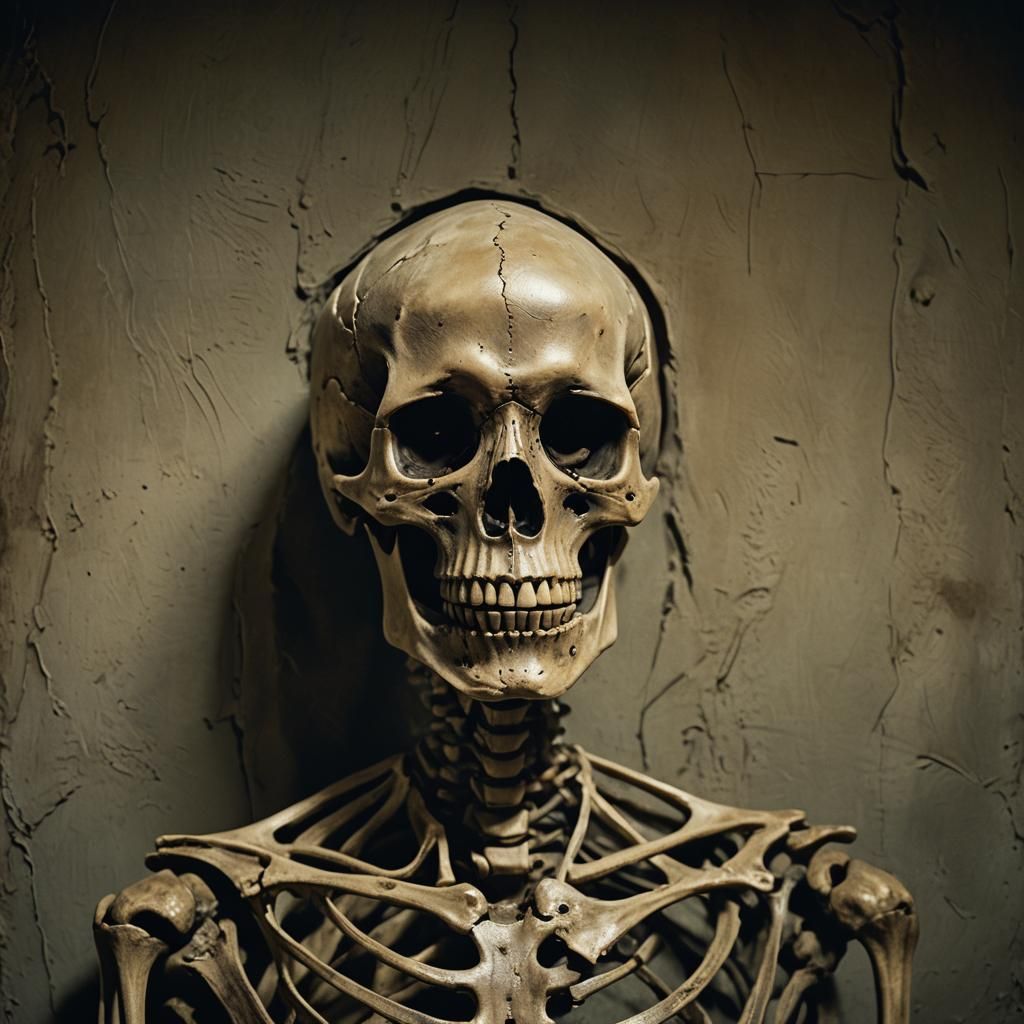 Haunting Skeleton Face in Surreal, Eerie Atmosphere