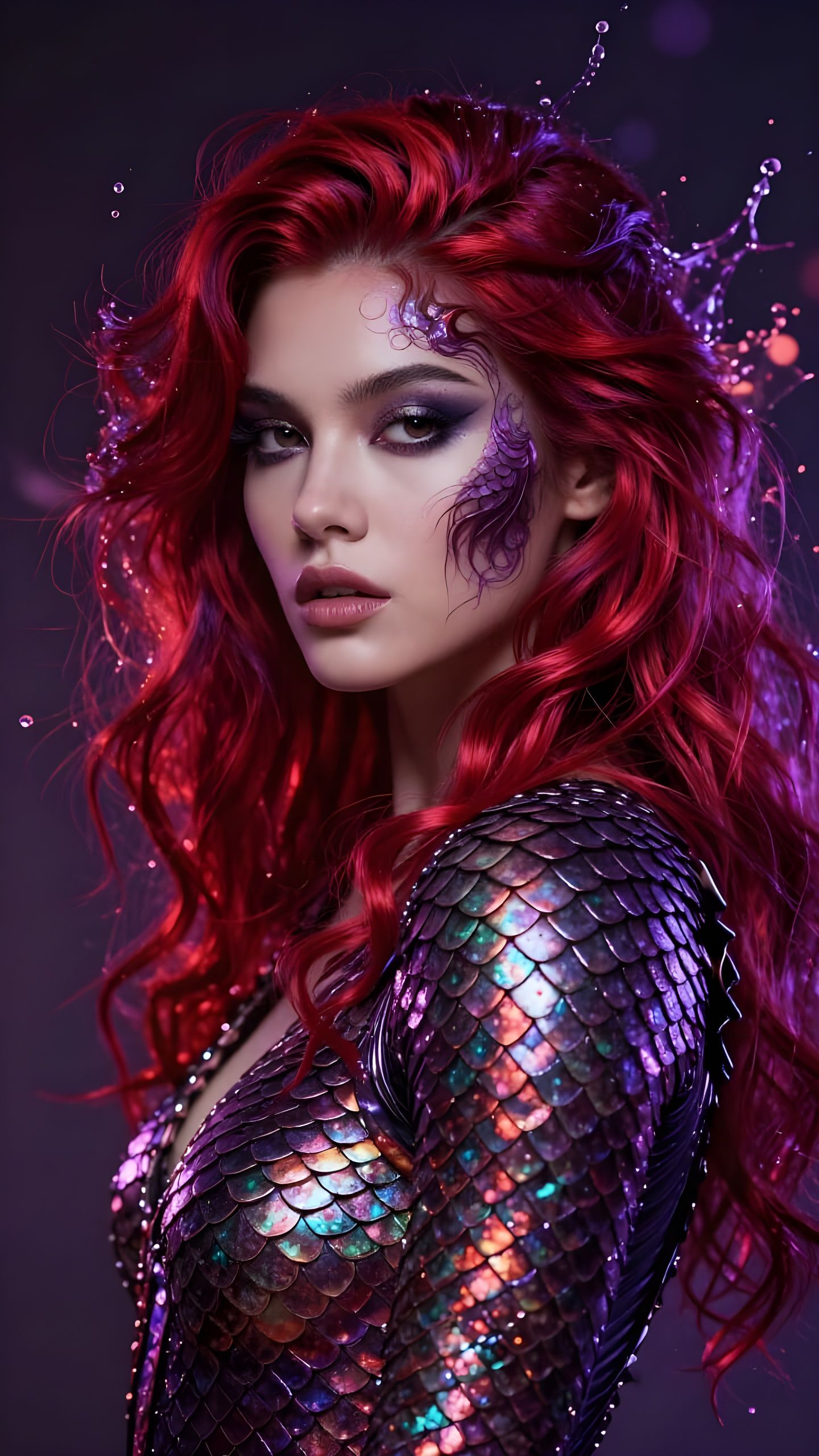 Scaly Goddess Portrait With Shimmering Red Purple Hair