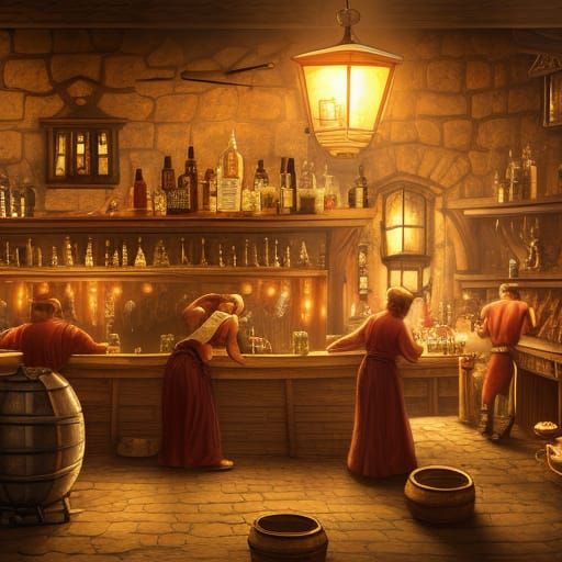 Lively Medieval Tavern Scene in Fantasy Style