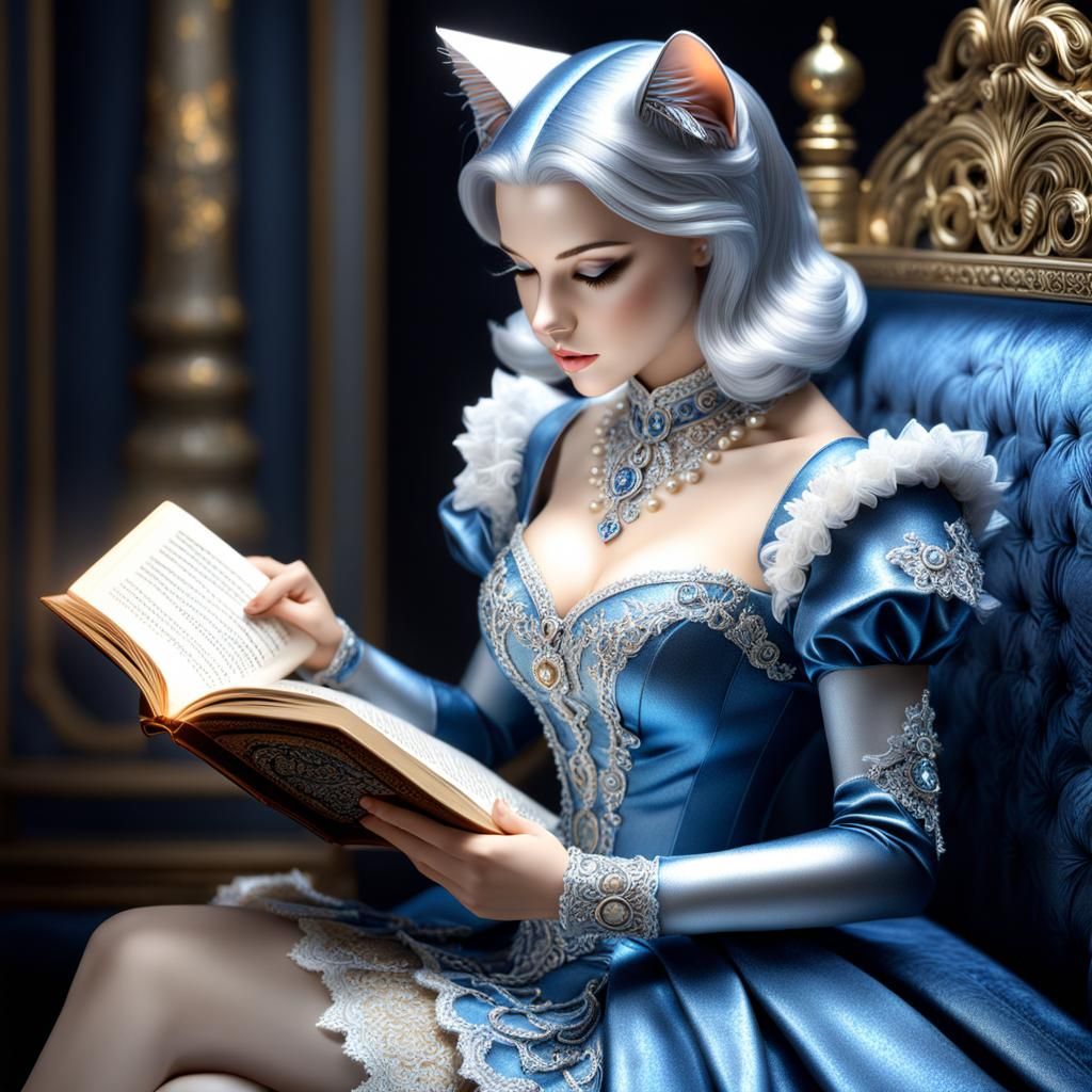 Calico Cat-Woman Reading a Book