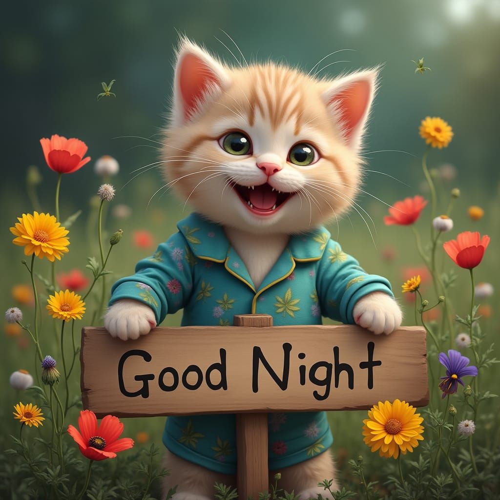 Kitten in Cannabis Pajamas Saying Good Night