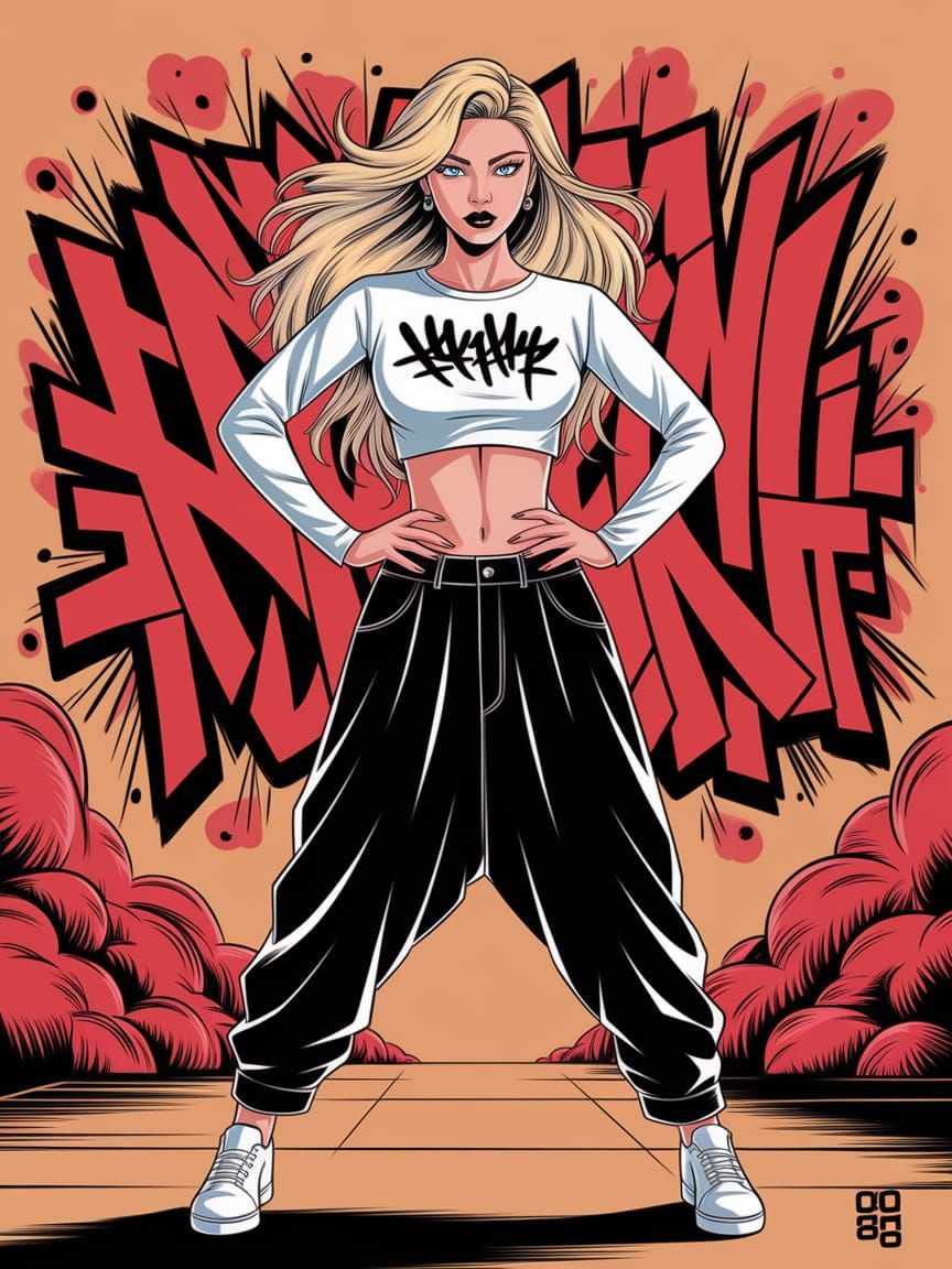 Confident Woman in Manga Style with Graffiti Backdrop
