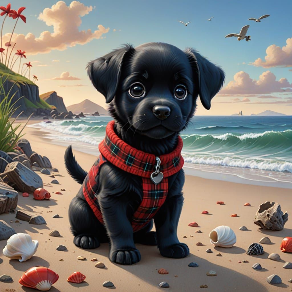 Cute Black Puppy Inspects Seashell in Pixar Style