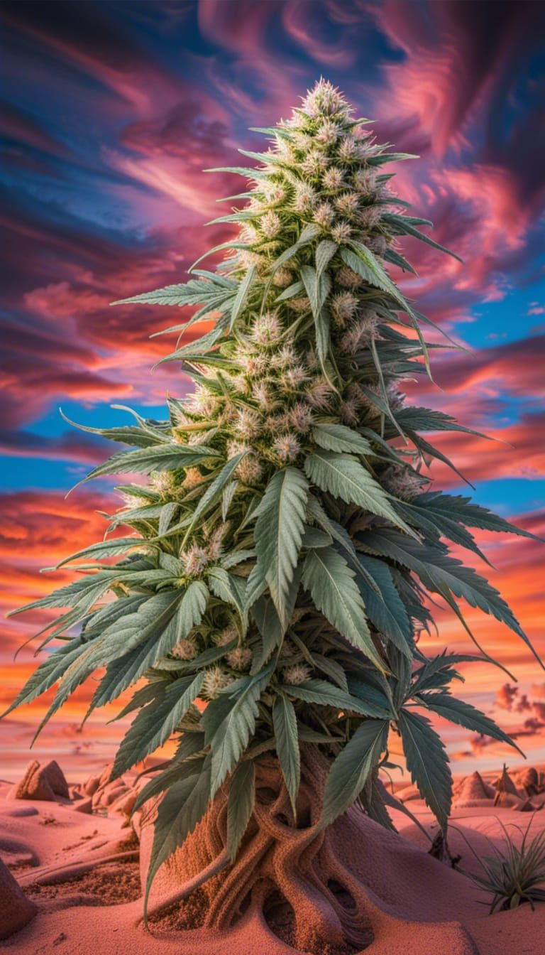 Colossal Eyeball Marijuana Plant in Desert Sunset