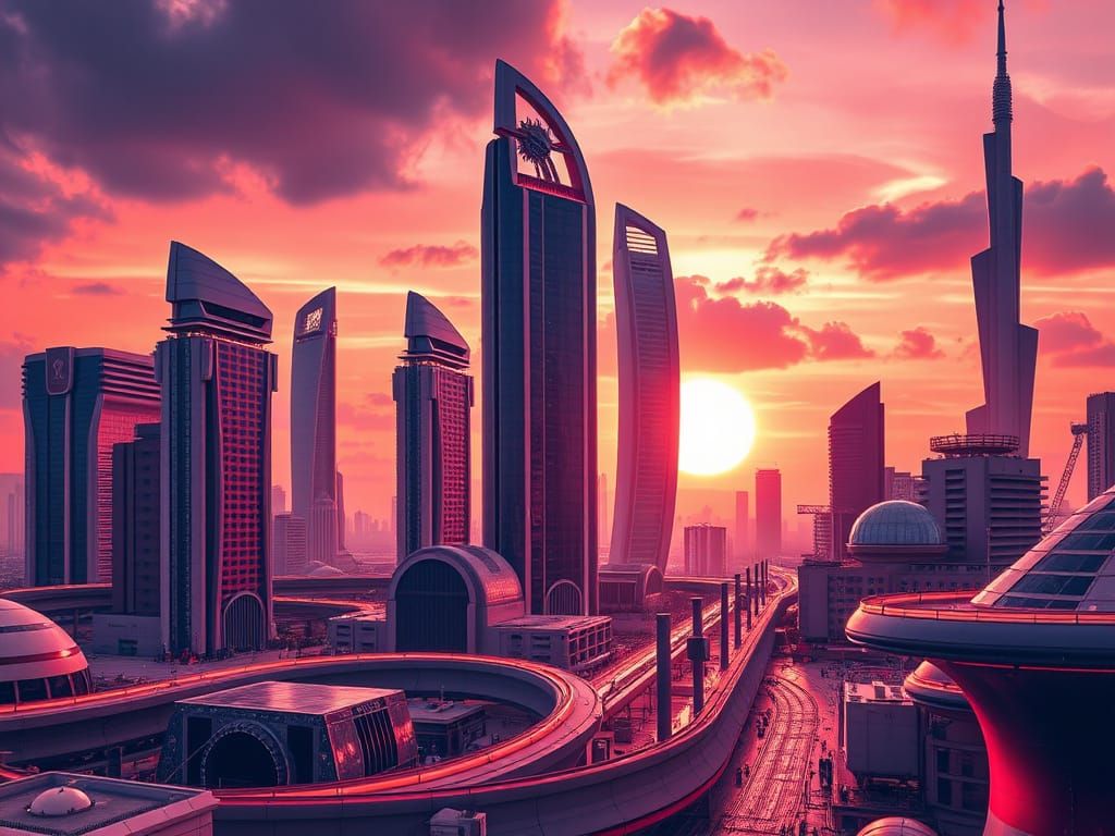 Surreal Futuristic Cityscape in Neon Art Deco Style