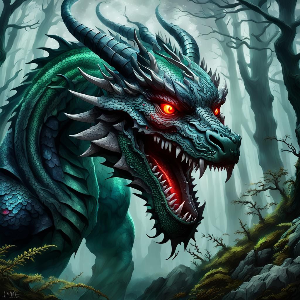Obsidian Dragon in Misty Forest, Anime Art
