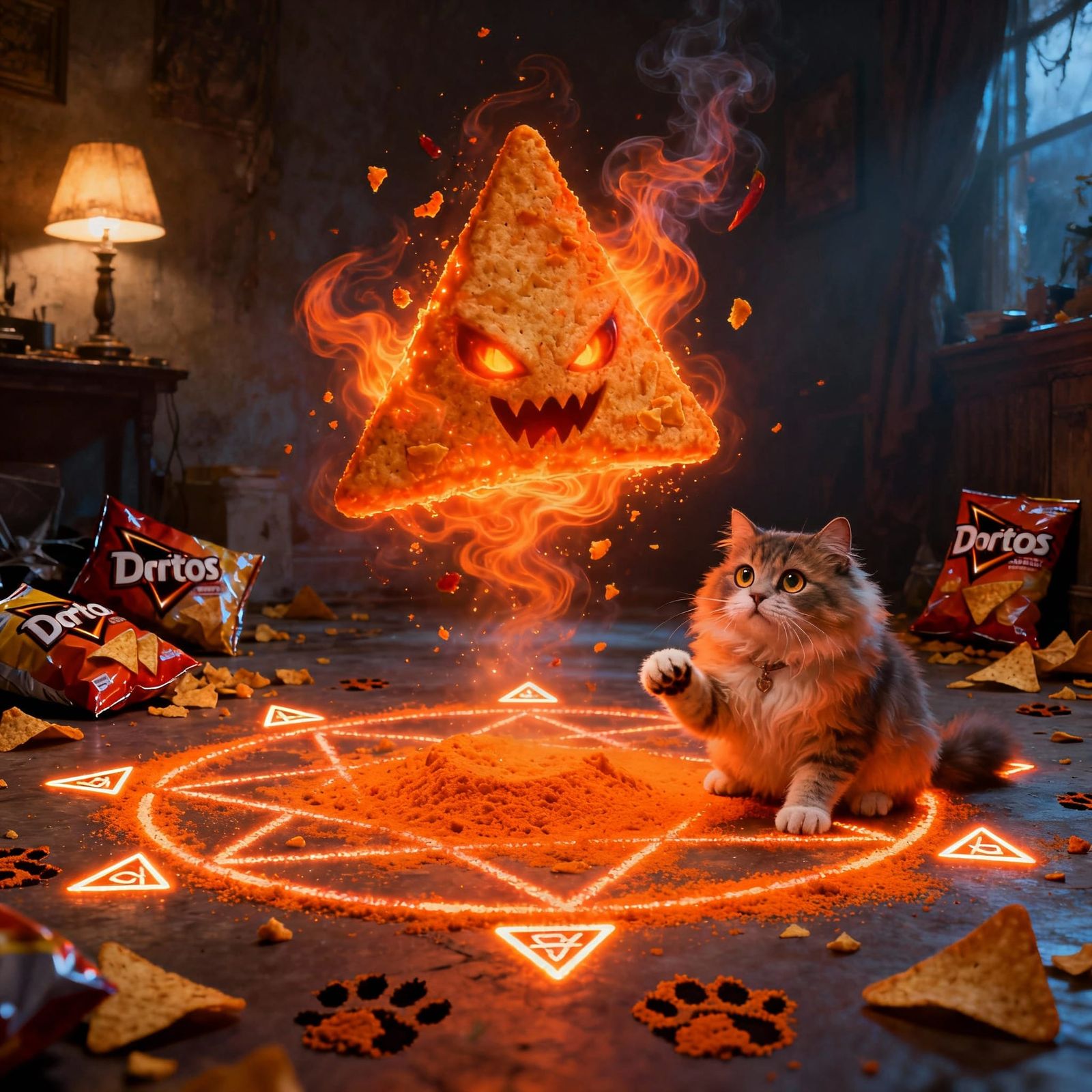 Fluffy Cat Summons Dorito Demon in Chaotic Room